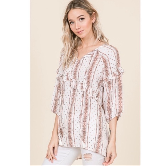 New! Boho Ruffles Tunic Tassels Hi Lo Hem and Elastic stretchy Cuffs Top - Picture 4 of 8